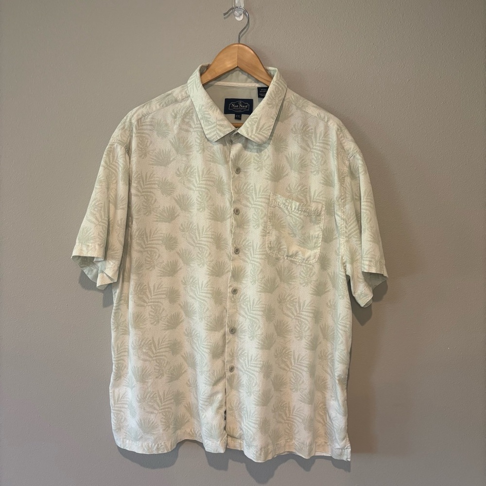 NAT NAST Men’s Silk and Cotton Short Sleeve‎ Button Down Shirt Light Green XXL